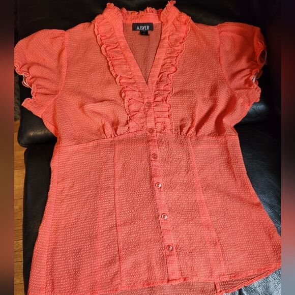 A. Byer Large orange sheer button up top. - Picture 1 of 5